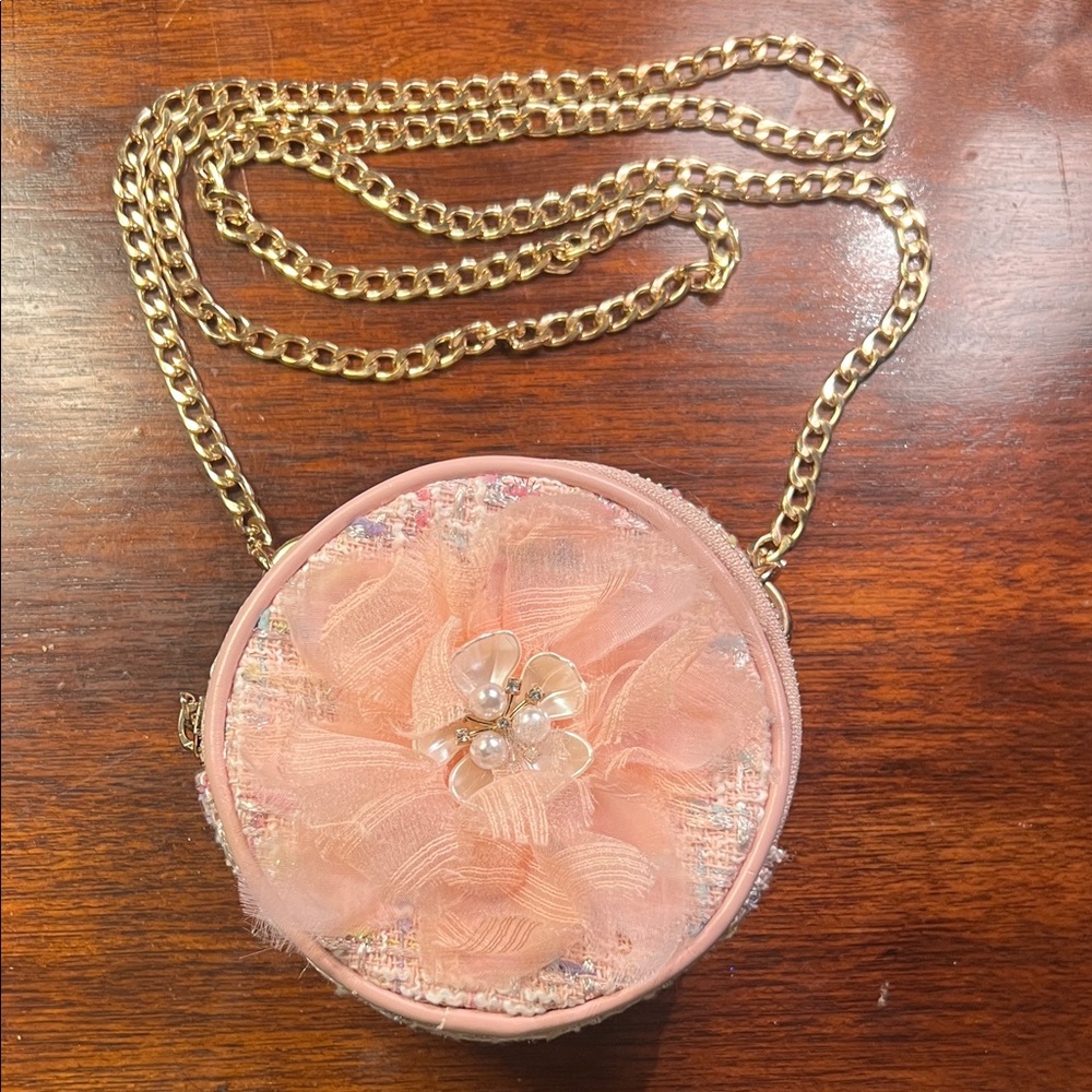 Doe a Deer pink tweed kids/girls purse with gold chain and floral pearl piece